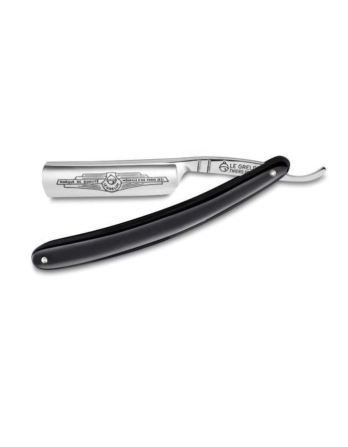 Straight razor with a black handle, 5/8 inch round point, forged carbon steel blade, satin finish, ideal for grooming, SKU: GRELLOT-5/8-275-PB