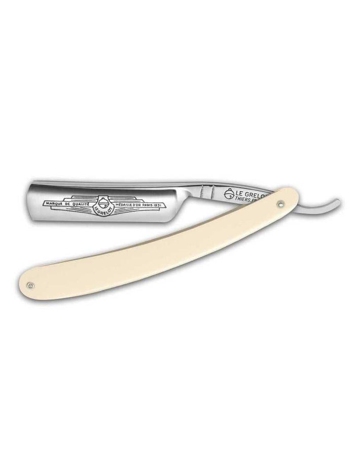 Straight razor with a cream-colored handle, 5/8 inch round point, forged carbon steel blade, satin finish, perfect for beginners, SKU: GRELLOT-5/8-275-PB
