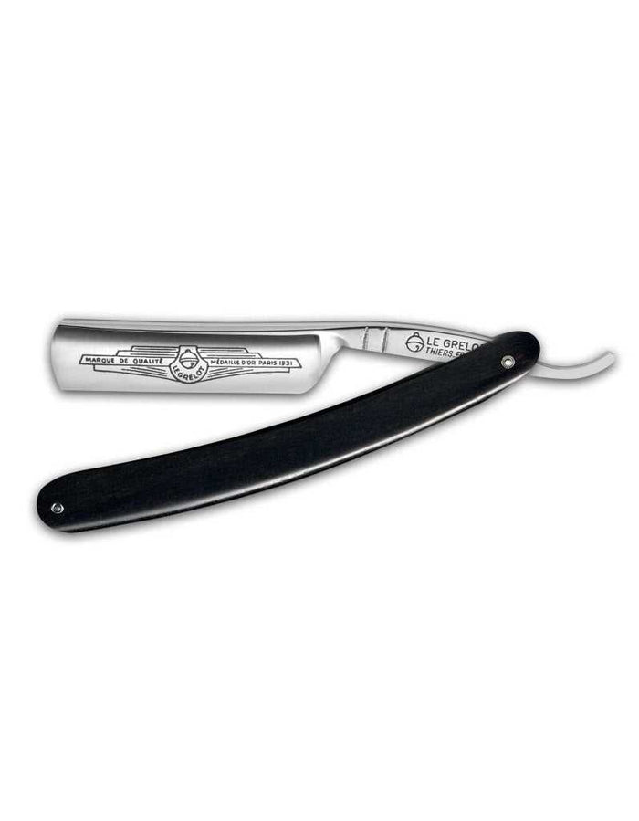 Straight razor with a black handle, 5/8 inch round point, forged carbon steel blade, satin finish, made in France, SKU: GRELLOT-5/8-275-PB