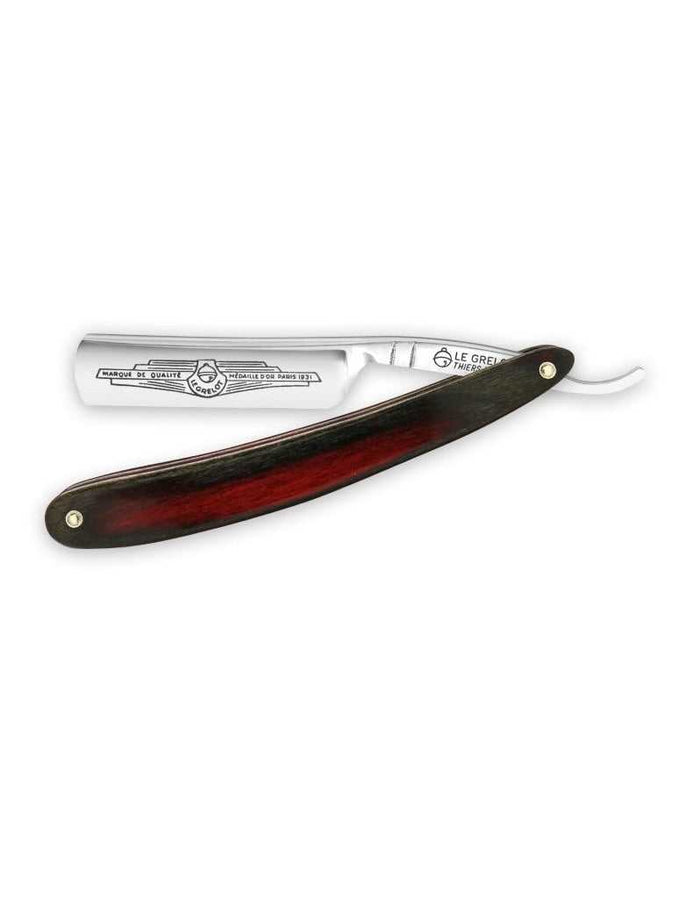 Le Grelot straight razor with a polished stainless steel blade and a dark wooden handle, 5/8 inch round point, ideal for grooming, made in France