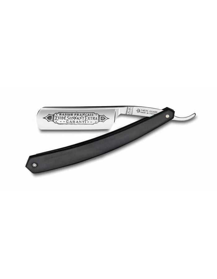 Thiers Issard straight razor with a polished carbon steel blade, engraved text, round point, 6/8 inch size, with a sleek black handle