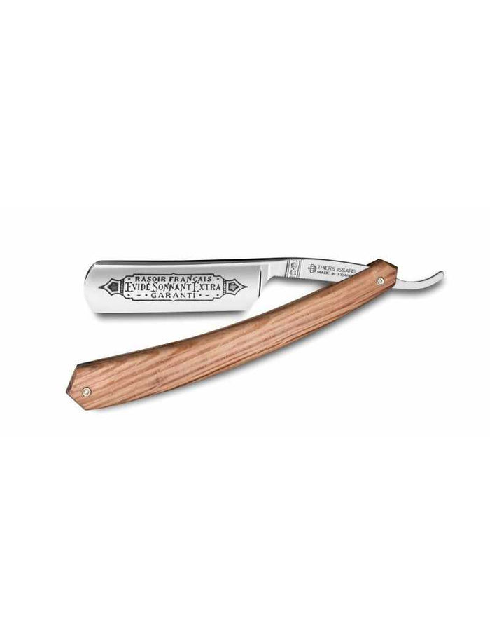 Thiers Issard straight razor with a polished carbon steel blade, engraved text, round point, 6/8 inch size, with a wooden handle