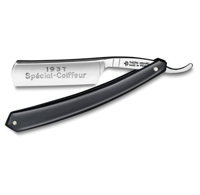 Thiers Issard Special Coiffeur straight razor with black handle and engraved blade
