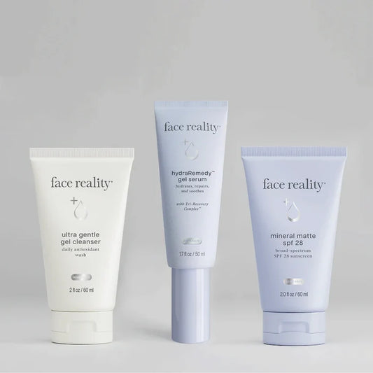 Face Reality Travel Kit for Oily Skin featuring travel-size Ultra Gentle Cleanser and HydraRemedy Gel Serum to cleanse, hydrate, and balance oily skin while traveling at The Skyn Distillery Wayzata Minnesota.
