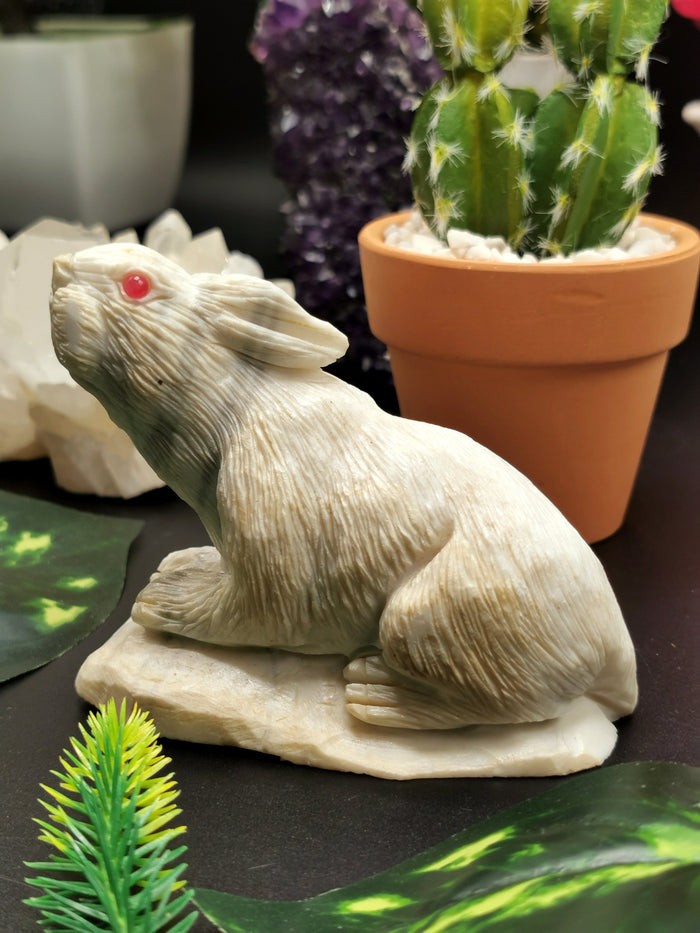 White Jade Stone carving of rabbit - spirit animal - home decor gemstone carving - Shwasam