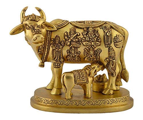 White Whale Brass Kamadhenu / Holy Cow and calf Idol 5.5" inch