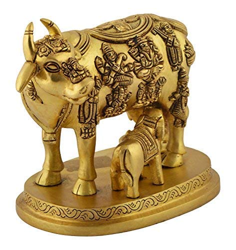 White Whale Brass Kamadhenu / Holy Cow and calf Idol 5.5" inch