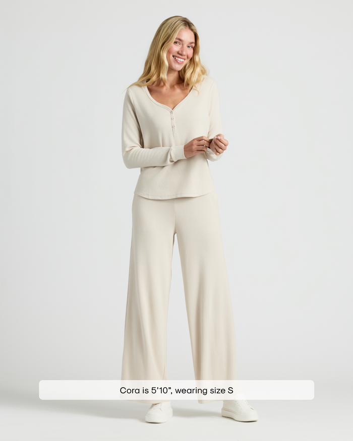 Womens Oatmeal Waffle Long Sleeve Henley & Waffle Leg Pant modeled by Cora.